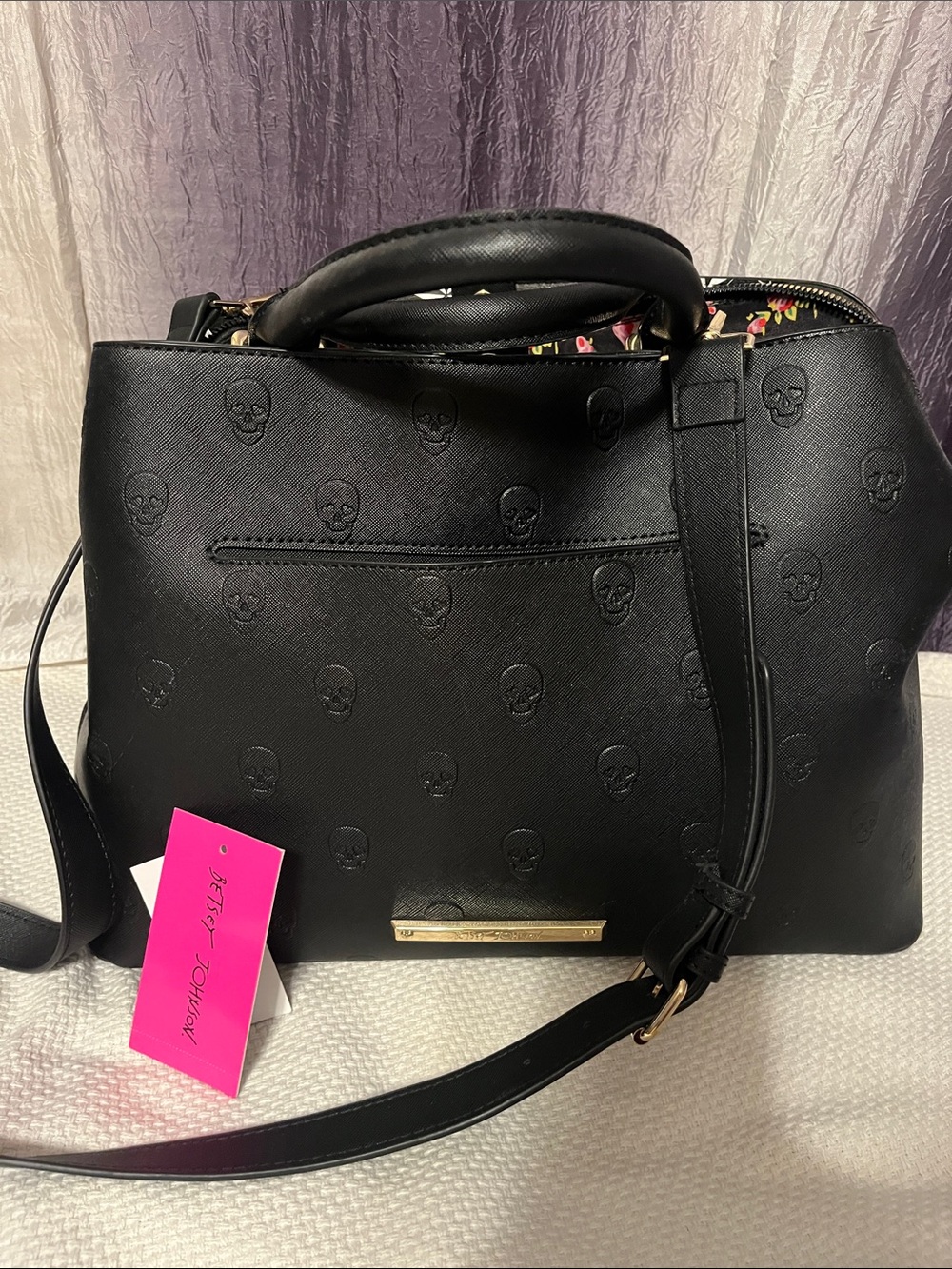 Betsey Johnson Black Satchel with Embossed Skull Pattern - Picture 1 of 5